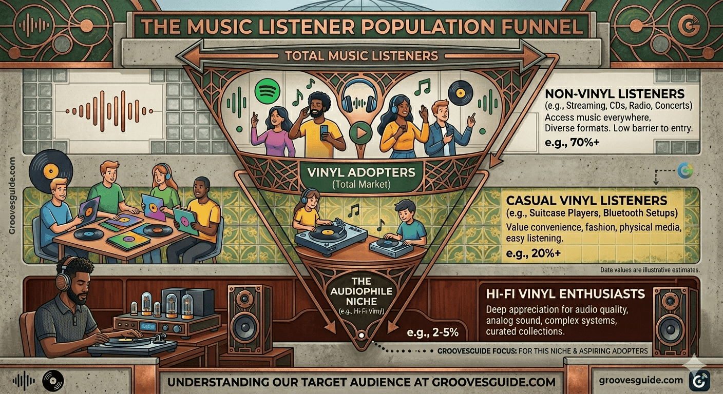 The Music Listener Population Funnel — illustrating how Grooves Guide targets hi-fi vinyl enthusiasts and aspiring audiophiles, roughly 2–5% of all music listeners